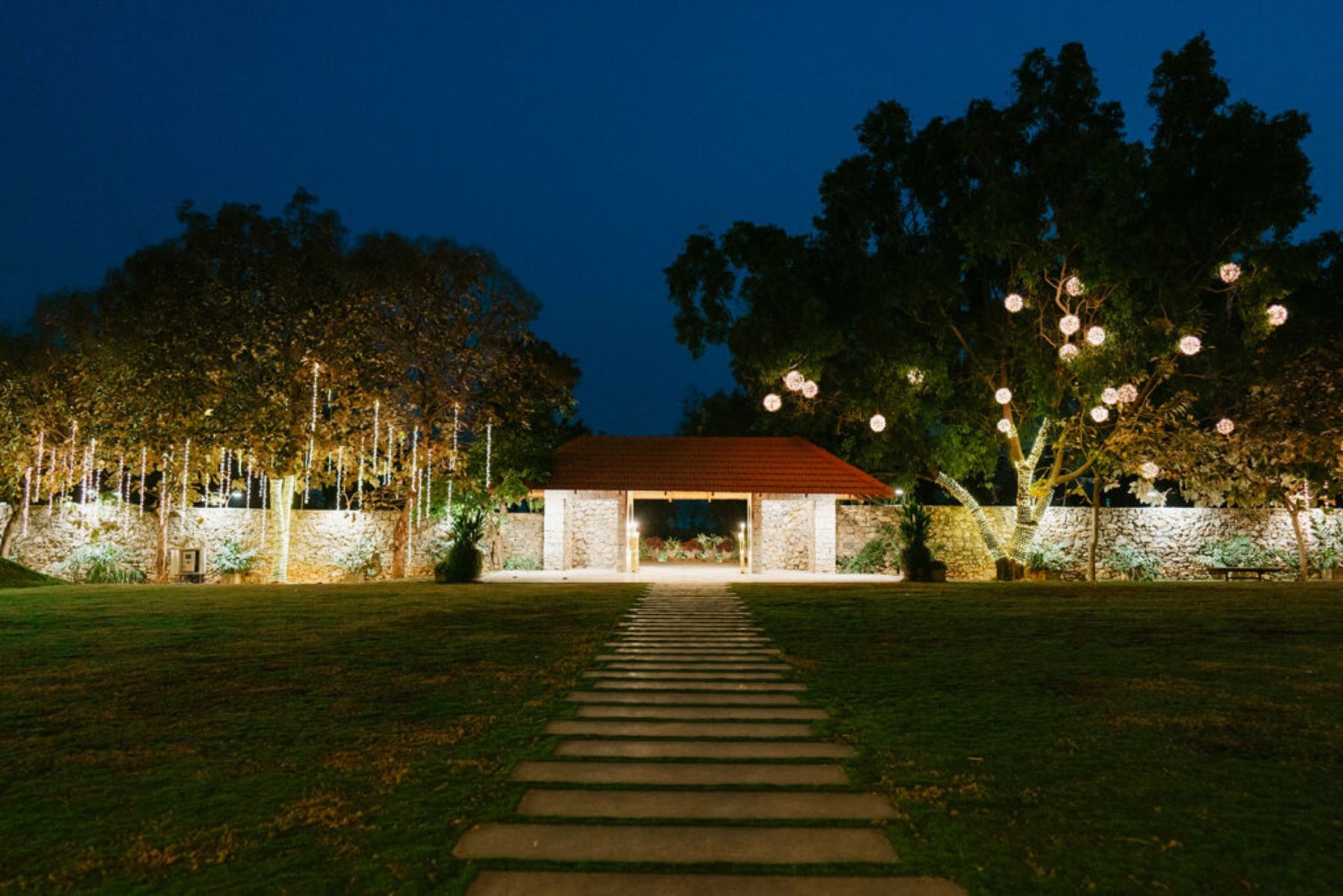 The same path after dusk, with the trees lit